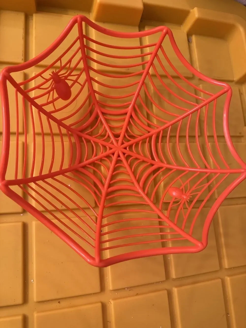 Orange Halloween Spider Web Basket Plastic Spooky Decor Candy
